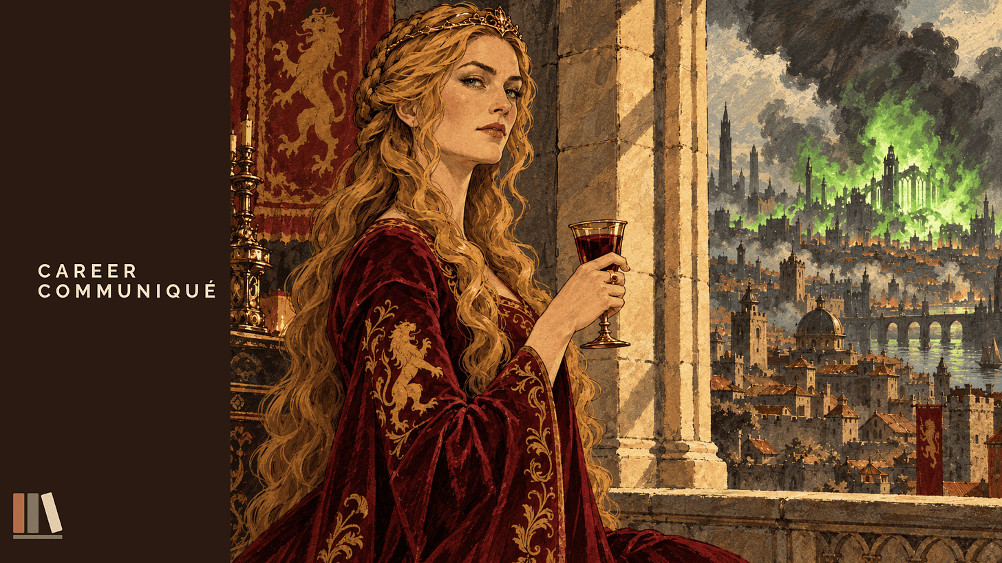Illustration of Cersei Lannister in a crimson velvet gown embroidered with gold lions, holding a glass of red wine at a stone window in the Red Keep. Behind her, green wildfire and black smoke rise over King’s Landing where the Great Sept once stood. A dark brown panel at left reads “Career Communiqué.” Illustration of Cersei Lannister in a crimson velvet gown embroidered with gold lions, holding a glass of red wine at a stone window in the Red Keep. Behind her, green wildfire and black smoke rise over King’s Landing where the Great Sept once stood. A dark brown panel at left reads “Career Communiqué.”