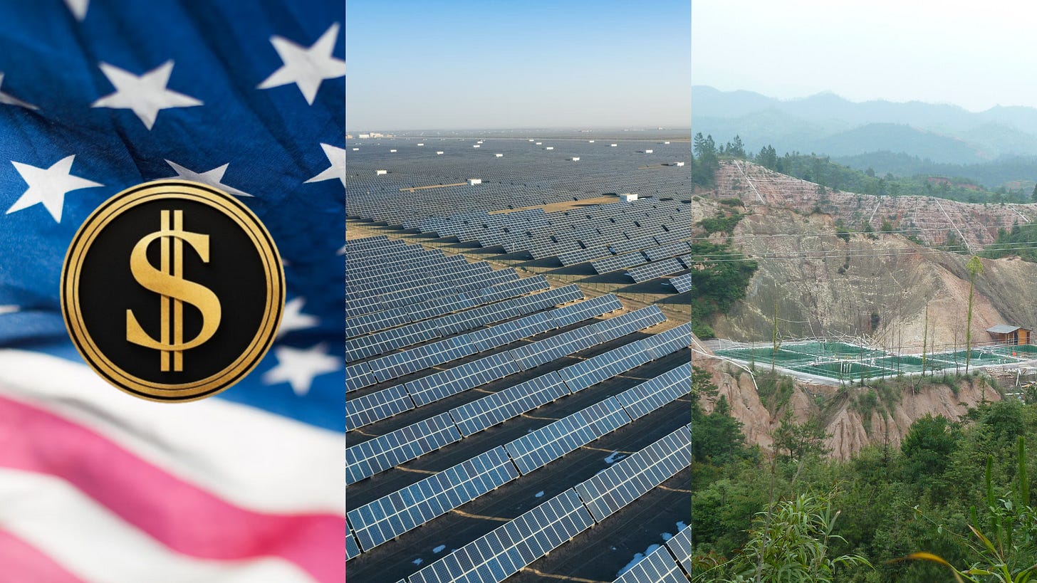 DOGE logo, solar panel array, rare earths site in China DOGE logo, solar panel array, rare earths site in China