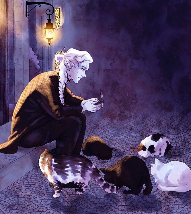 Person with long braid sits under a lantern at night, feeding a group of cats on a cobblestone street. The mood is calm and serene. Person with long braid sits under a lantern at night, feeding a group of cats on a cobblestone street. The mood is calm and serene.
