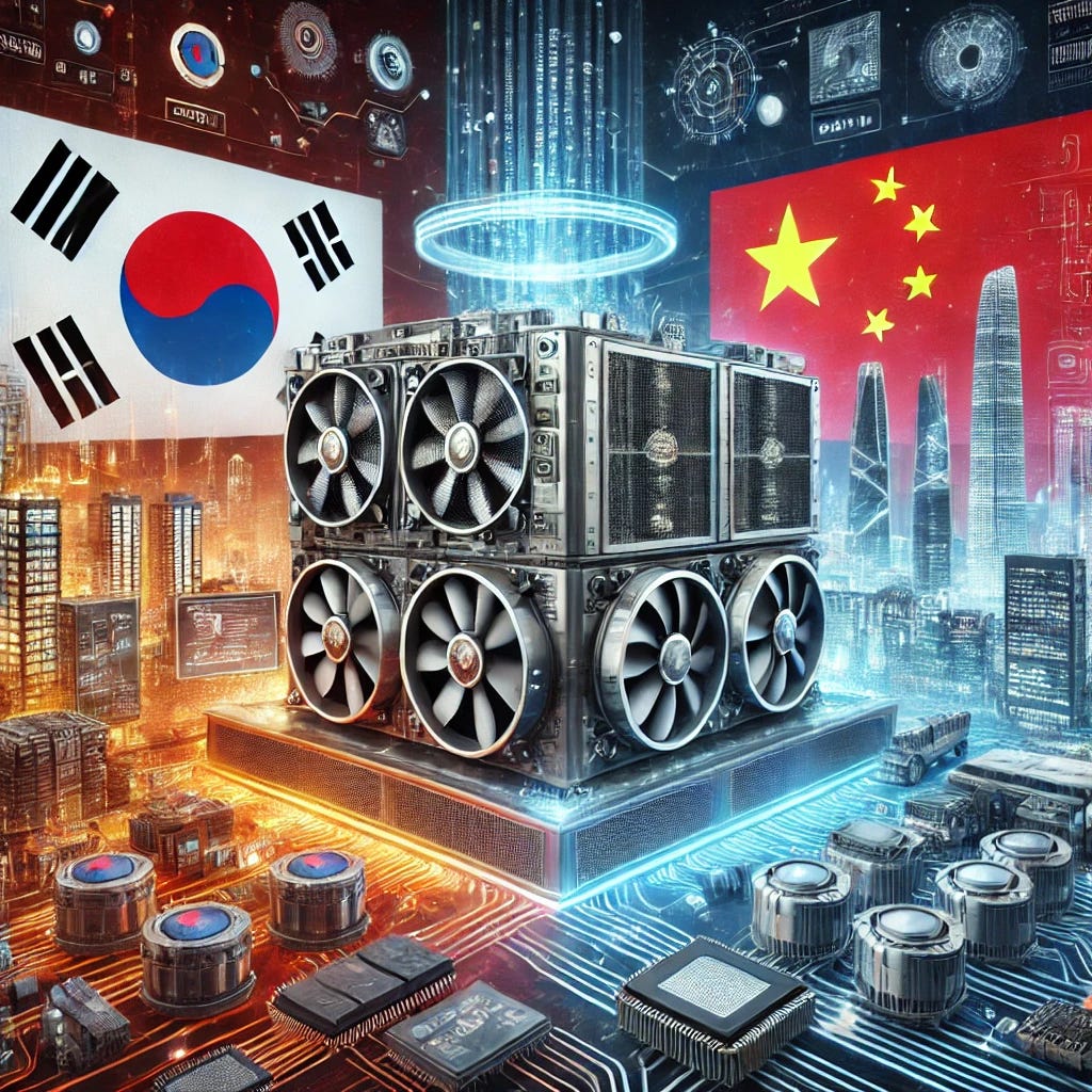 A futuristic image depicting the technological fusion between South Korea and China, with a military HVAC system placed prominently in the center. The scene combines advanced technology from both nations, such as South Korean robotics and AI systems, alongside Chinese innovations in communication technology and infrastructure. The military HVAC system in the middle is robust and industrial, symbolizing cooling and ventilation in military contexts. Surrounding the HVAC system are circuits, digital displays, and components from both countries, signifying collaboration. The background features a futuristic skyline merging elements from both South Korea and China, symbolizing a shared technological future.
