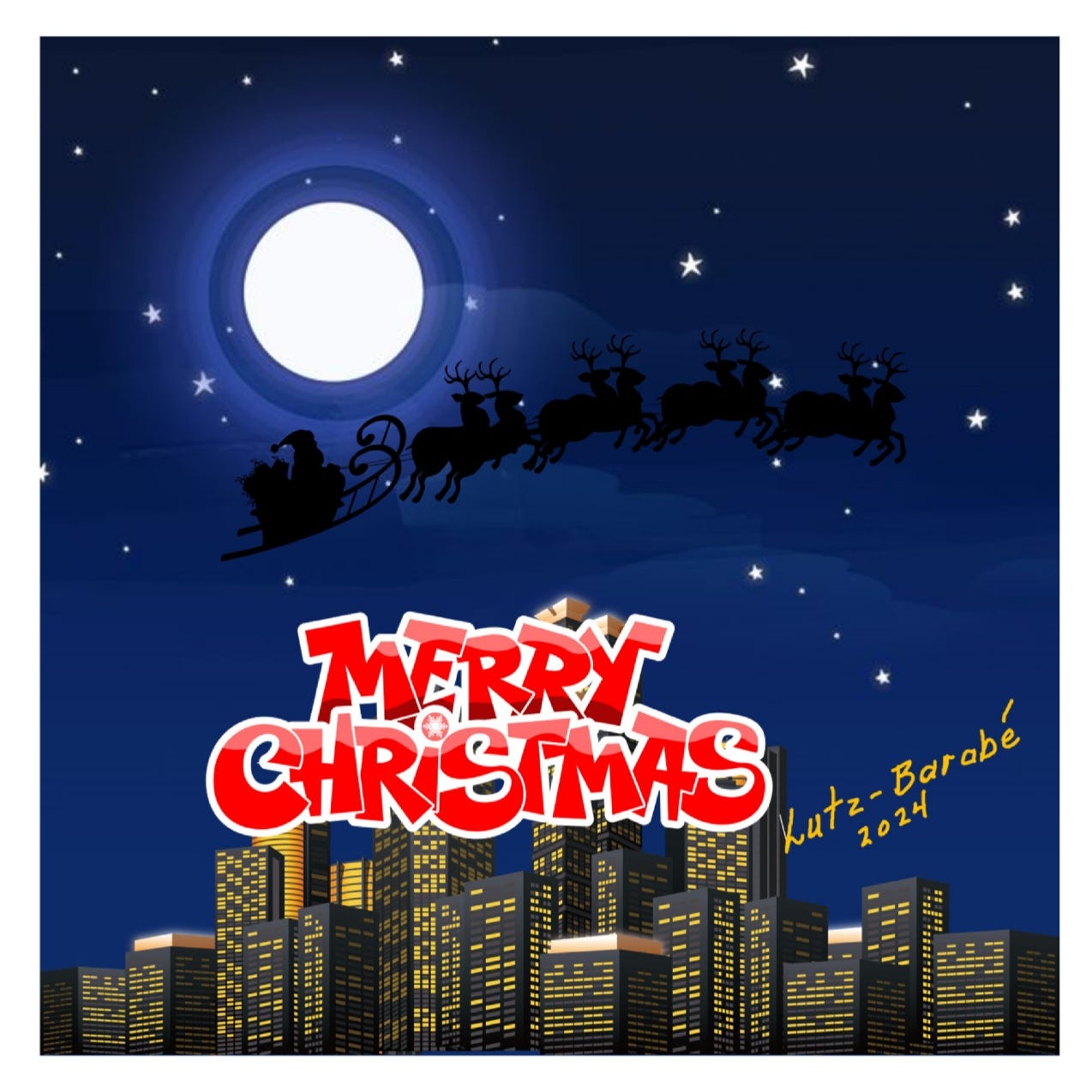 Panel 4: A serene night sky shows Santa’s sleigh flying past the moon with a city skyline below. The text reads, "Merry Christmas."