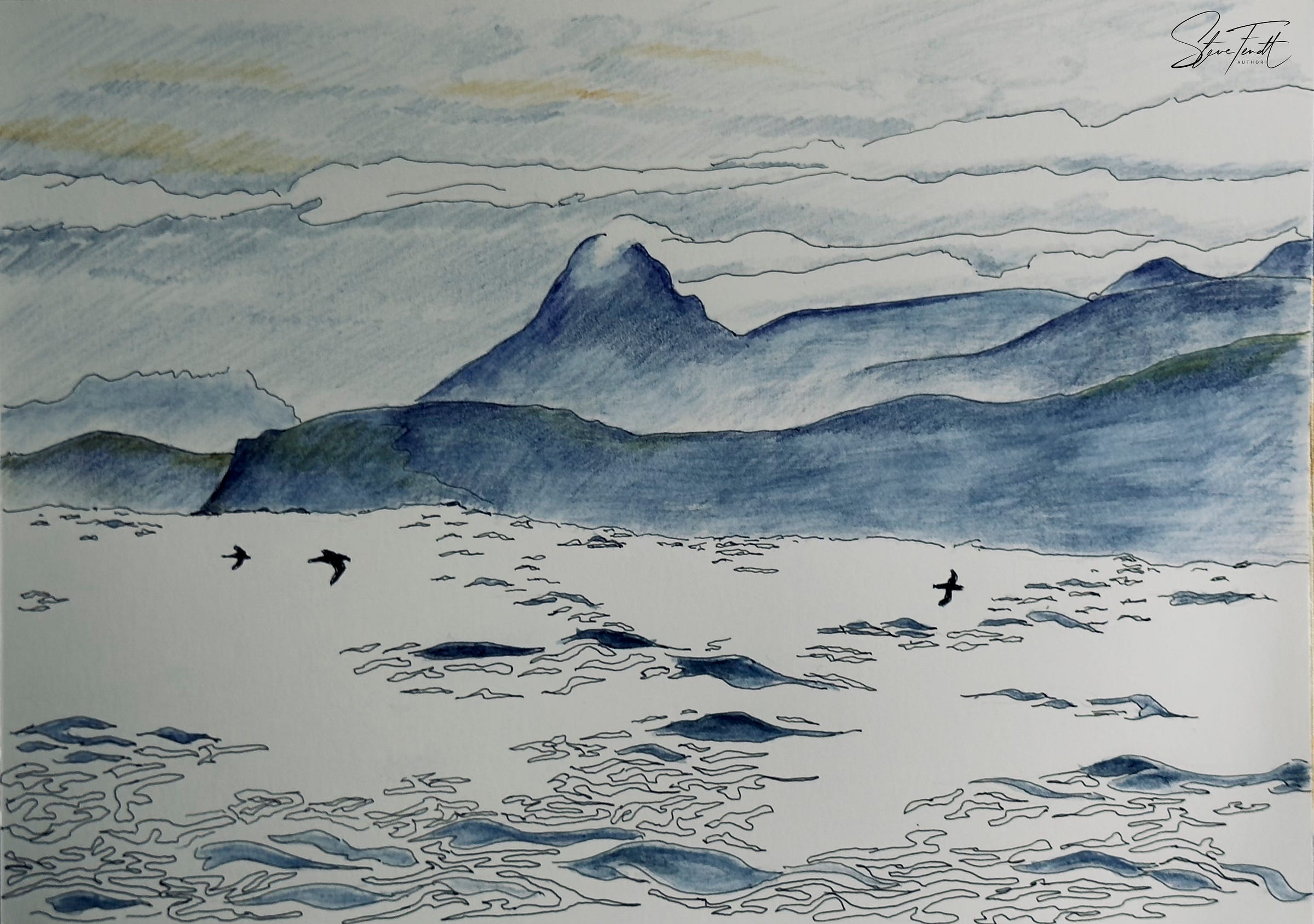 Pen and wash seascape towards Precipitous Bluff on the southwestern coast of Tasmania, waves and seabirds in the foreground, cliffs and mountains backlit in the distance under a cloudy sky. Pen and wash seascape towards Precipitous Bluff on the southwestern coast of Tasmania, waves and seabirds in the foreground, cliffs and mountains backlit in the distance under a cloudy sky.