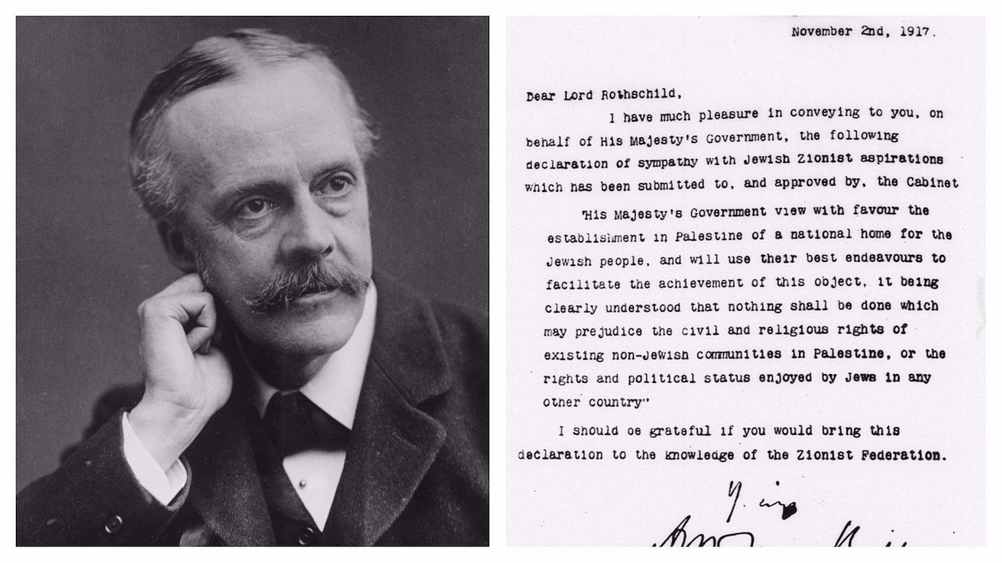 image of arthur balfour and text from balfour declaration