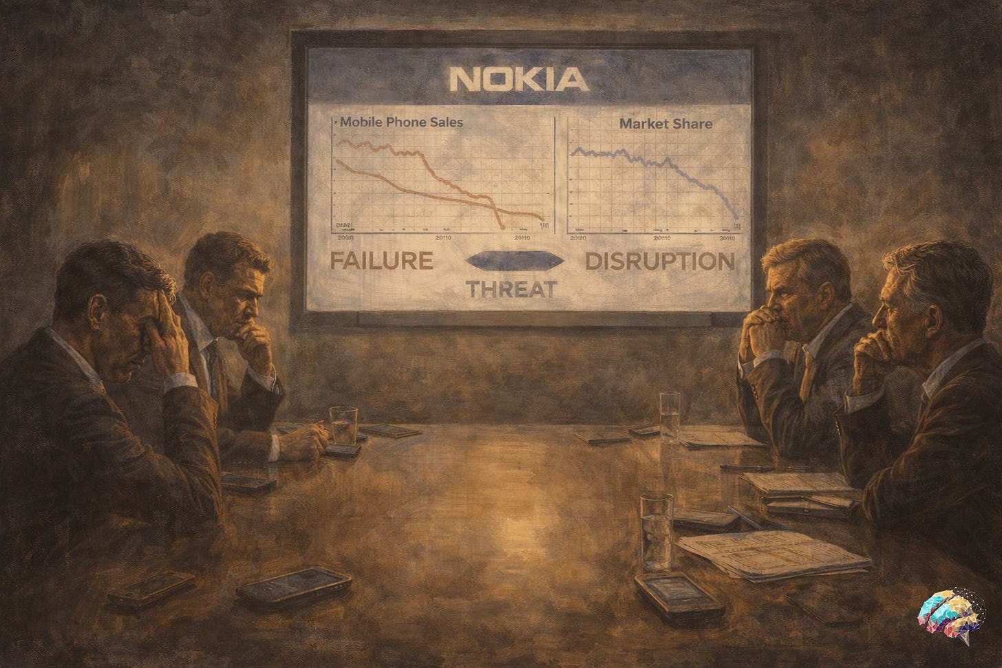Executives sit around a dimly lit boardroom table, staring at a screen showing declining graphs, their postures tense and inward, no one speaking.