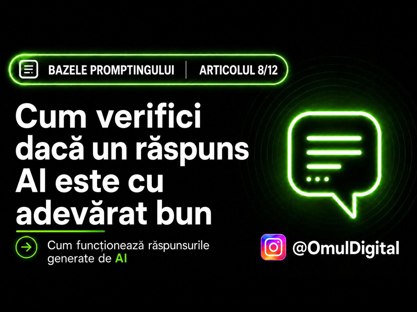 Cover pentru seria „Bazele promptingului” de la Omul Digital, cu titlul articolului, icon de chat și design mov dedicat materialelor despre prompt engineering. Cover pentru seria „Bazele promptingului” de la Omul Digital, cu titlul articolului, icon de chat și design mov dedicat materialelor despre prompt engineering.