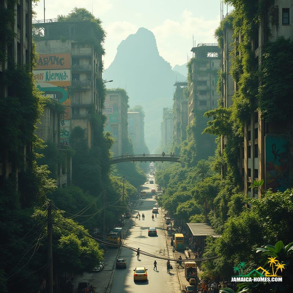 Downtown Kingston's sleek skyscrapers, wrapped in lush greenery and cascading waterfalls, surrounded by Jamaican vendors in sky-level public plazas, reggae murals on lower levels, amidst modern elevated roads, with tropical mountain backdrop, in a cinematic film still, inspired by the styles of Syd Mead, Ash Thorp, and Simon Stalenhag, with film grain, vignette, and color grading, evoking a sense of epic, atmospheric, and dramatic, 35mm film quality.