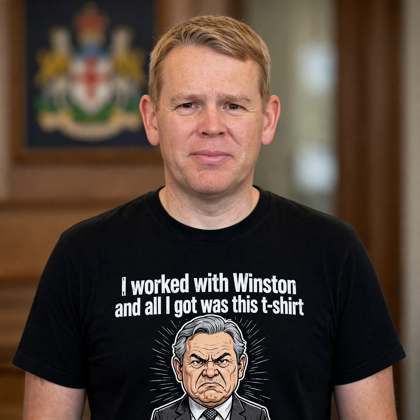 Chippy wearing a T-Shirt that says “I worked with Winston and all I got was this T-shirt”.