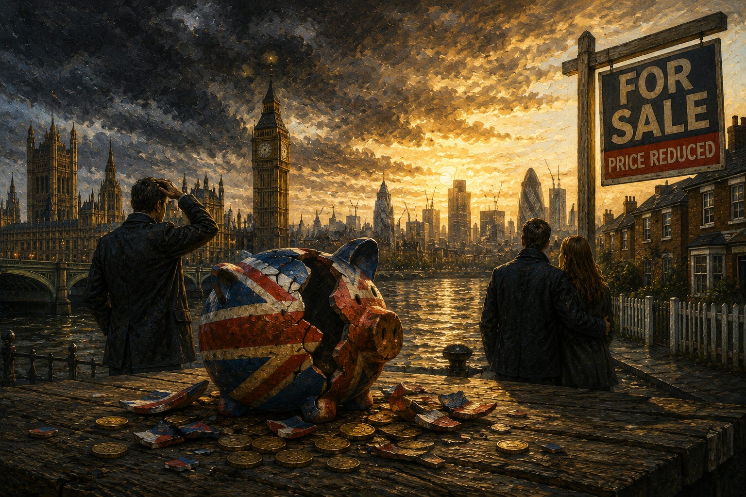 Broken Promises A dramatic editorial illustration depicting Britain’s housing and economic pressures through the image of a shattered Union Jack piggy bank overlooking London. Rendered in bold yellow and grayscale tones, the artwork contrasts iconic landmarks, rising urban development and homes marked for sale, symbolising growing concerns around affordability, household wealth, property values and the widening gap between economic expectations and reality. - Illustration by Jamaica Homes