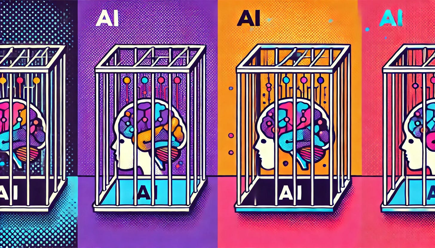 A pop art style illustration depicting the concept of artificial intelligence (AI) being confined in a cage. The color palette is restricted to bright purple, bright orange, black, and white, with a white background. The design features a symbolic representation of AI, such as a glowing brain or circuit, locked inside a cage. The scene is clean and minimal, visually capturing the idea of controlling or containing AI within set boundaries.