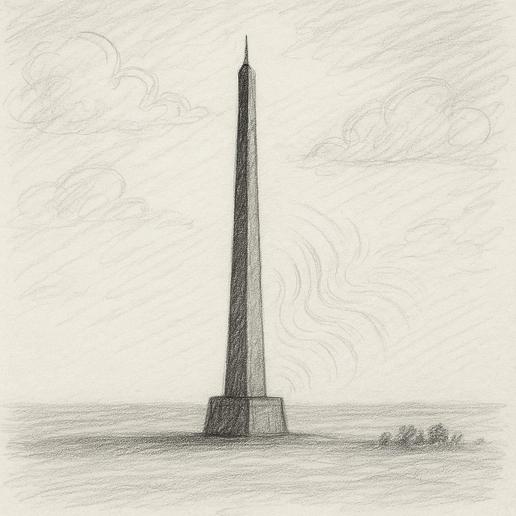Pencil drawing of a tall, narrow obelisk rising from a wide base. Light shading suggests resonance or vibrations radiating outward from the structure. A few small trees appear at the horizon line.