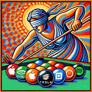 An artistic depiction of a blindfolded woman resembling Lady Justice playing billiards, with various tech company logos on the pool balls.