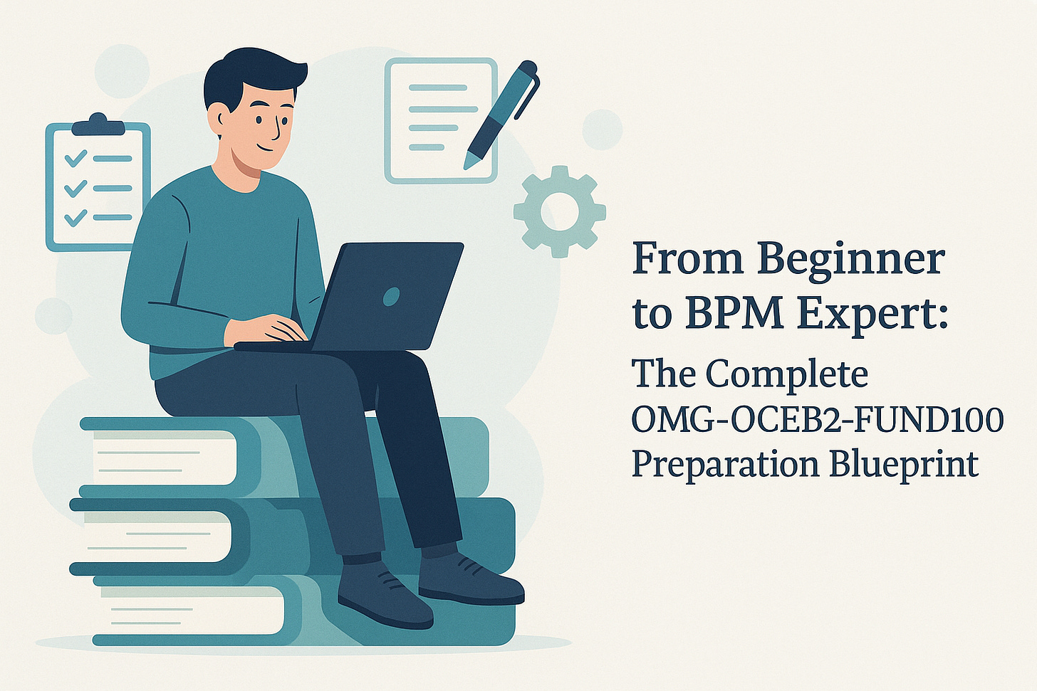 A professional flat-vector banner showing a student sitting on stacked books using a laptop, surrounded by study icons like a checklist, document, pen, and gear, with the headline From Beginner to BPM Expert The Complete OMG-OCEB2-FUND100 Preparation Blueprint on a light pastel background.
