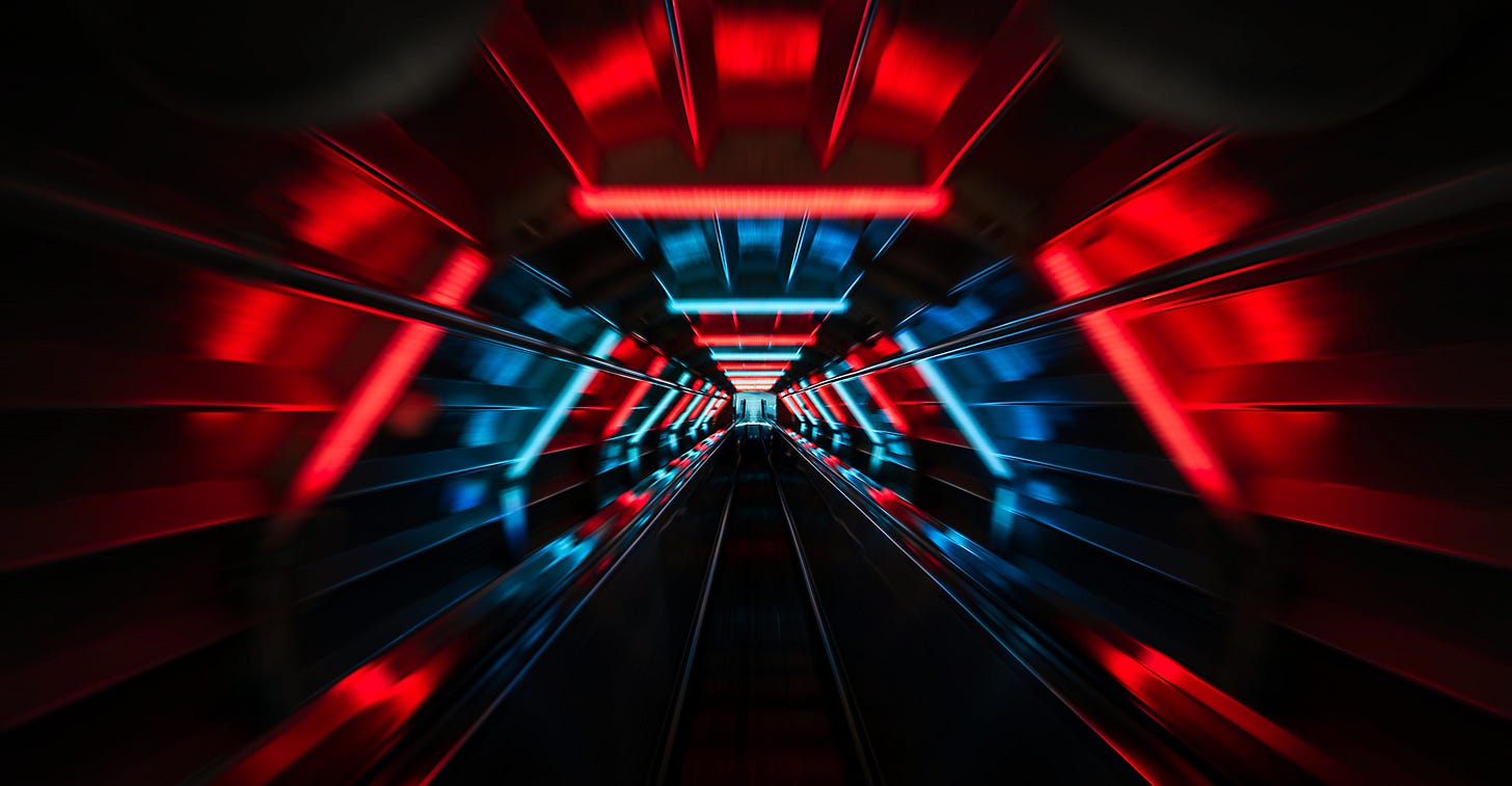dark collider tunnel with red and blue neon lights dark collider tunnel with red and blue neon lights