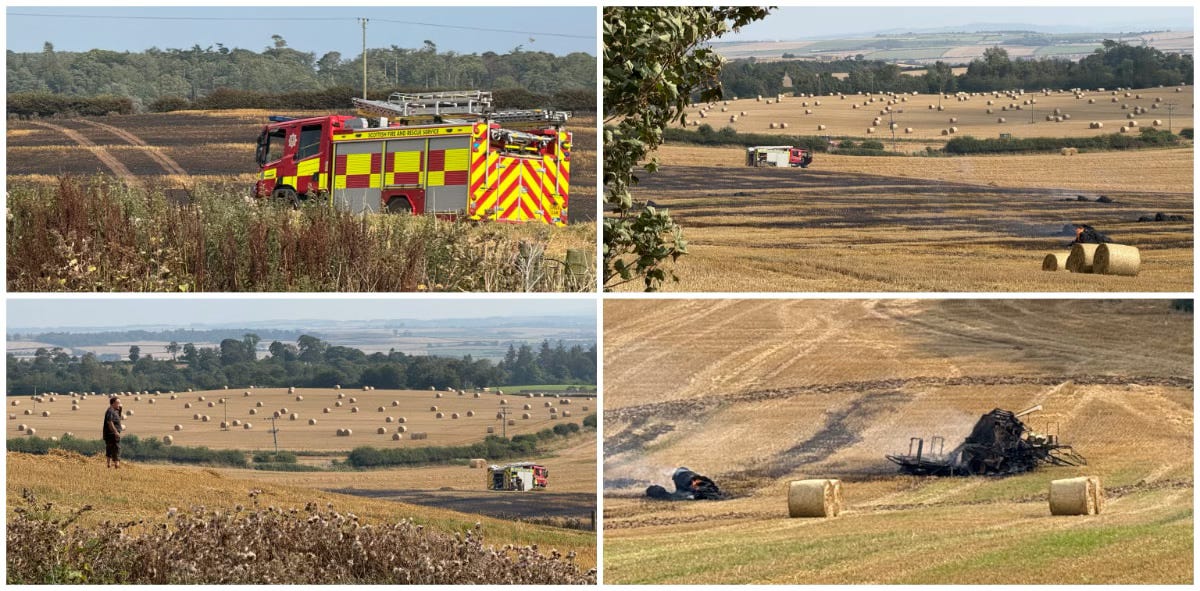 four photos of the scene of a farm fire in a field