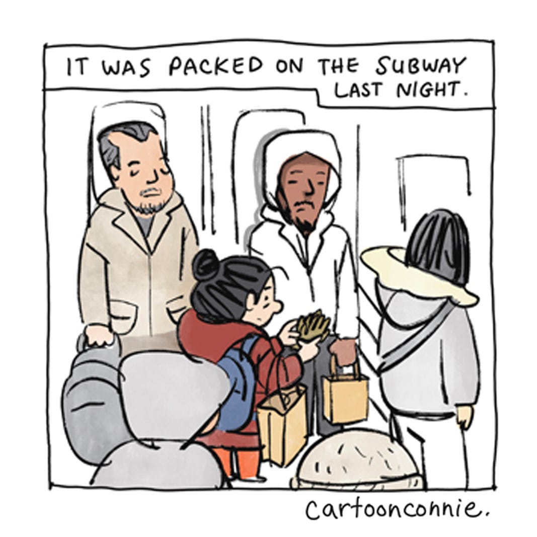 Panel 3 from a 6-panel autobio comic about riding a crowded subway on a freezing cold night in New York City and small gestures of city dwellers who make room for each other. Titled "New York City Code," original art by Connie Sun, cartoonconnie, 2026. Panel 3 from a 6-panel autobio comic about riding a crowded subway on a freezing cold night in New York City and small gestures of city dwellers who make room for each other. Titled "New York City Code," original art by Connie Sun, cartoonconnie, 2026.