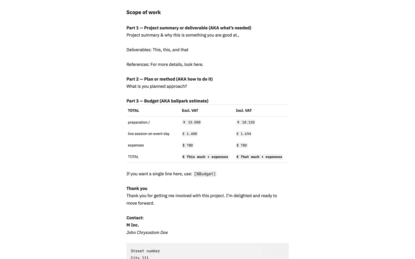 Scope of work template for iA Writer