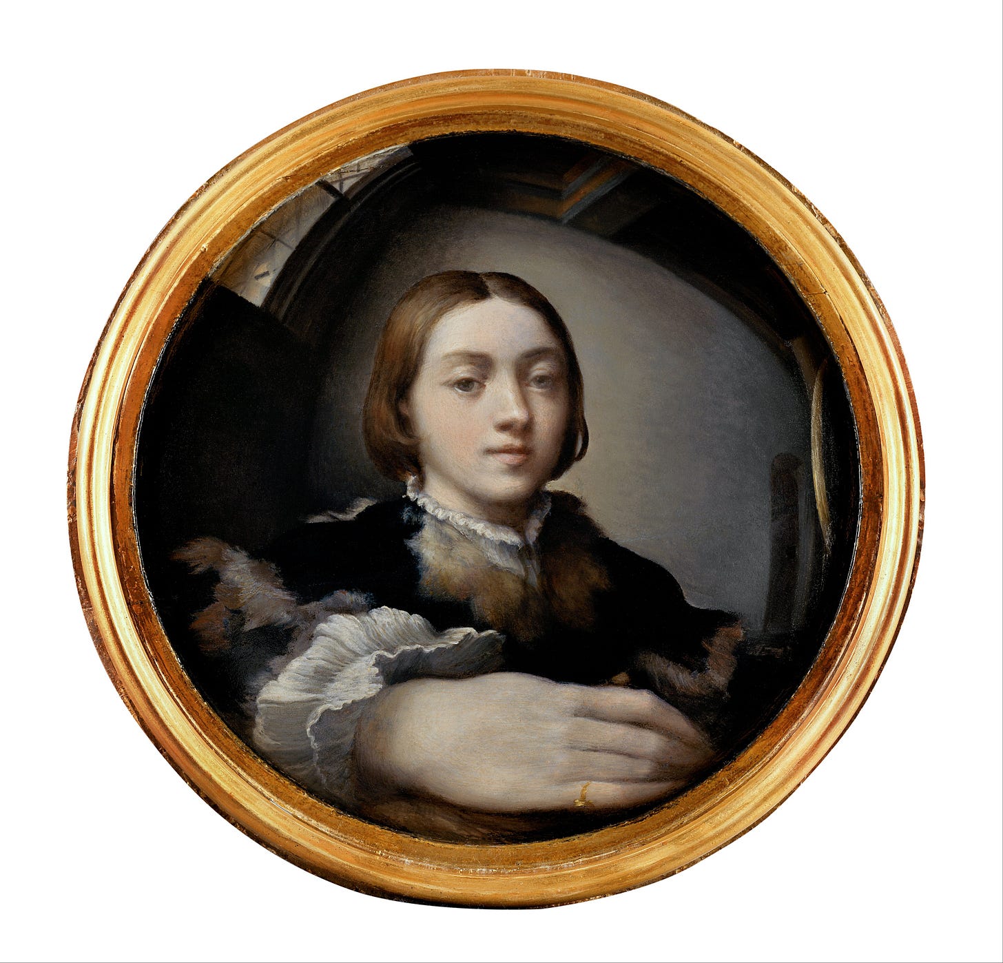 Parmigianino self portrait warped in a convex mirror