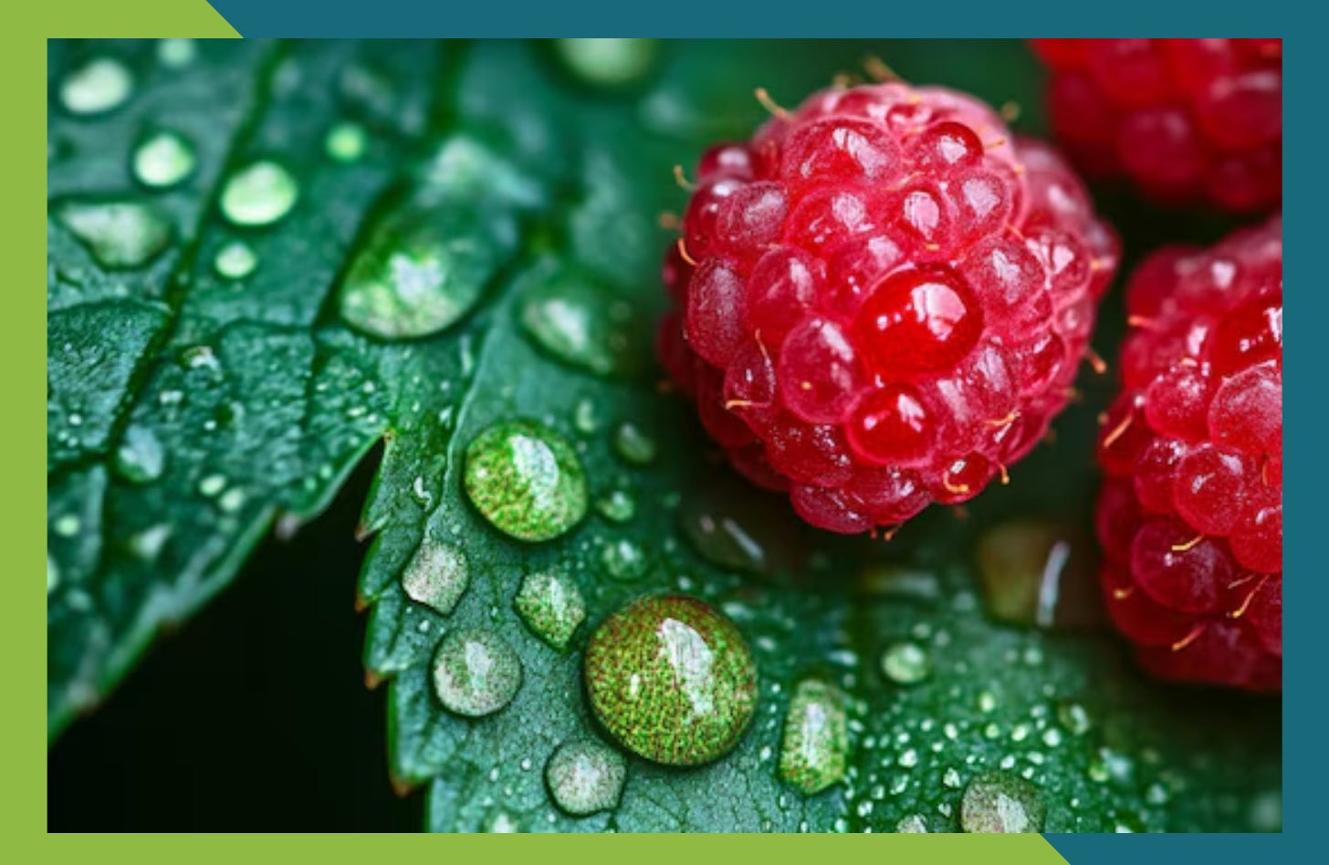 close up photo of a leaf and two raspberries with water droplets on them. 