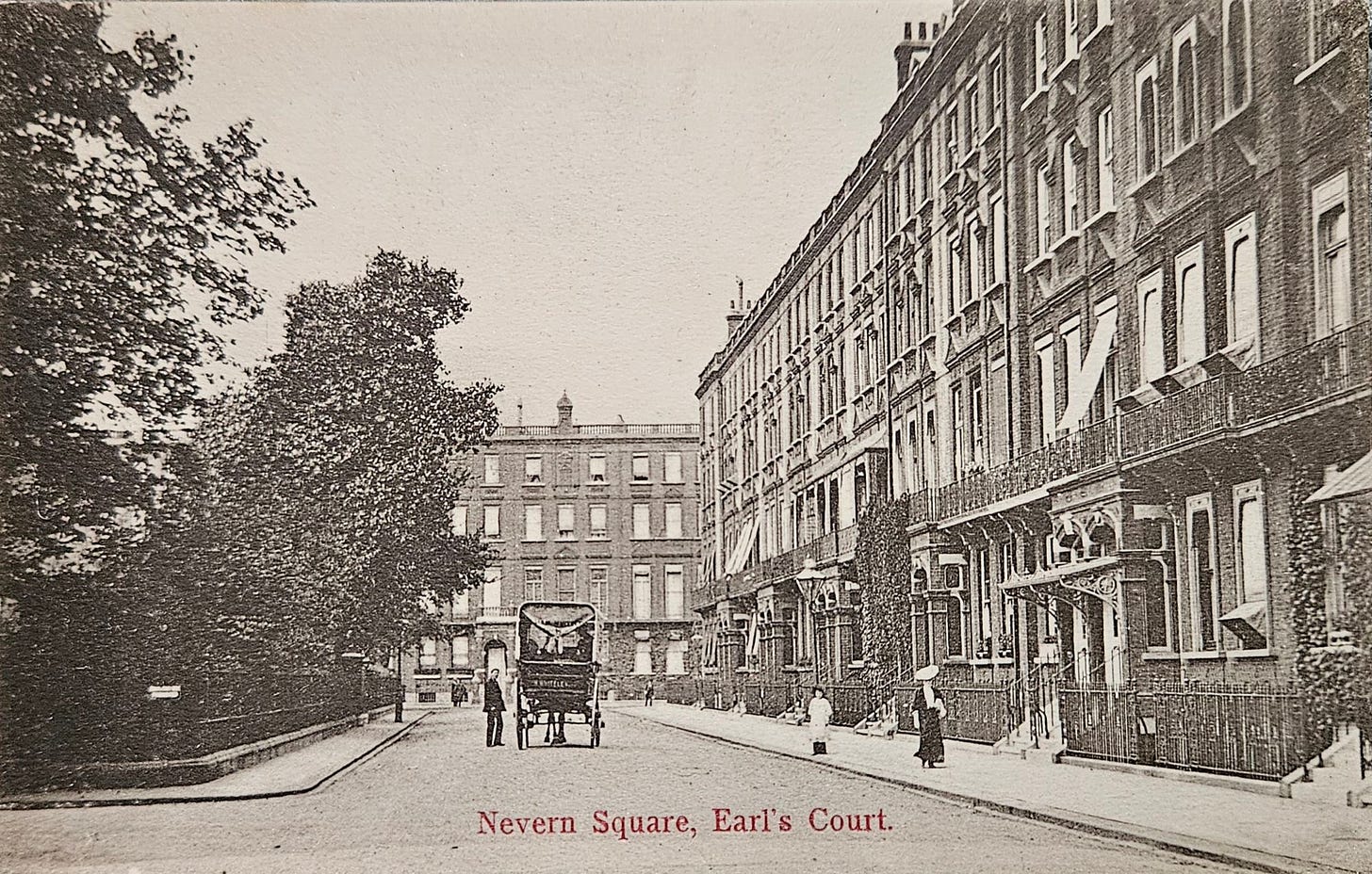 Historic black and white photograph of Nevern Square in Earl's Court, featuring elegant buildings along a street, with a horse-drawn carriage and pedestrians.