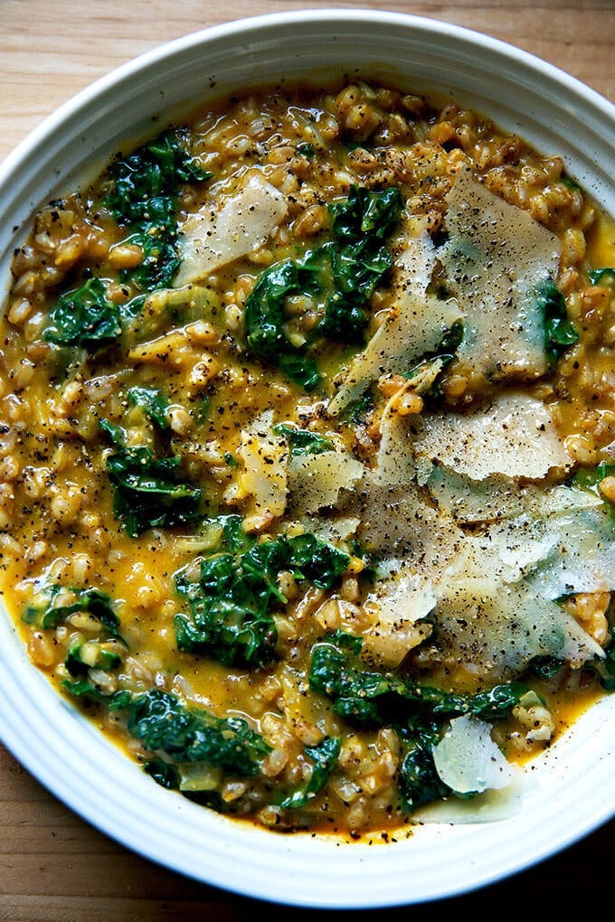 Farro Risotto with Butternut Squash and Kale. 