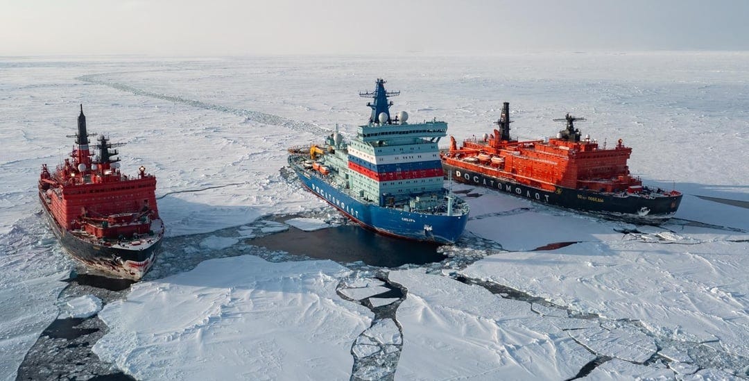 Album] Russian nuclear-powered icebreakers 'Yamal' (left), 'Sibir'  (middle), and '50 Years of Victory' (right) gather at the edge of the ice.  Credit Dmitry Lobusov. : r/WarshipPorn