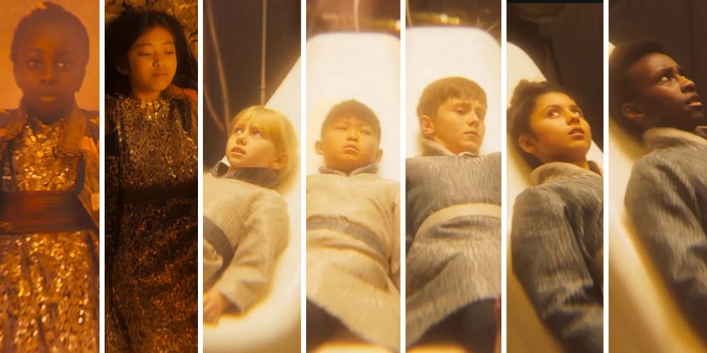 This image shows the Timeless Child's first seven incarnations from left to right.