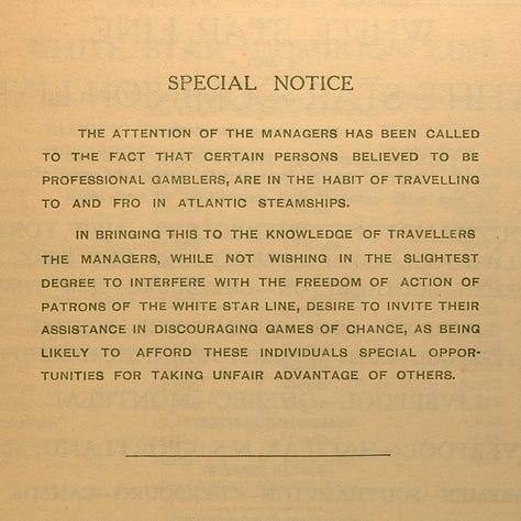 Four images of text from the RMS Majestic passenger list and two from the ship's dinner menu. The menu pages are printed black on light brown or sepia paper. The first page also has a log of a red flag with a white star. The menu is handwritten in blank ink in French. Its cover has a line drawing of a woman in fancy dress above script reading "R.M.S. Majestic Restaurant"