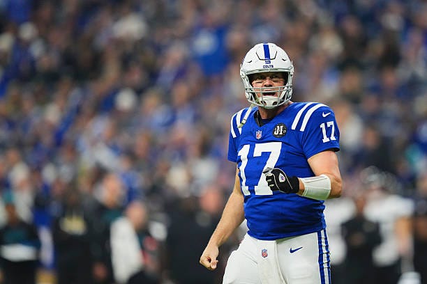 Philip Rivers of the Indianapolis Colts celebrates after scoring a touchdown against the Jacksonville Jaguars during the first half of the NFL...