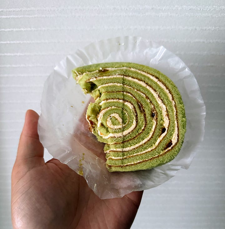 Melon roll, soda, and freeze dried melon