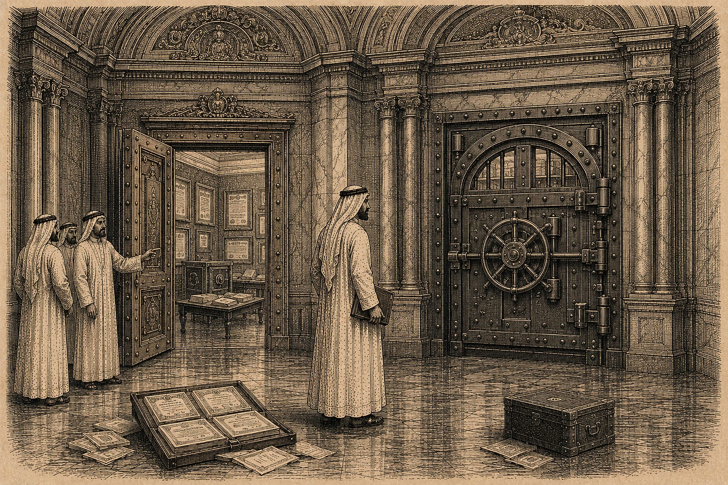 Wood-engraving editorial illustration in the Thomas Nast Harper's Weekly style for Attention Capital's essay The Largest Attention Allocator In The World. The image shows a grand banking chamber with two doors in the rear wall. The left door stands wide open onto a chamber of loose stock certificates and an unattended strongbox; the right door is a heavy closed bank-vault door behind which sits an orderly senior-debt strongroom. A robed figure pauses between the two doors holding a bound ledger and looks toward the closed vault. The visual argument: sovereign capital has been routed to the equity wrapper because the senior debt wrapper for attention assets remains structurally closed, not because the credit option is structurally inferior. Keywords: senior secured credit, attention asset class, sovereign LP, equity versus debt, private credit structuring. Wood-engraving editorial illustration in the Thomas Nast Harper's Weekly style for Attention Capital's essay The Largest Attention Allocator In The World. The image shows a grand banking chamber with two doors in the rear wall. The left door stands wide open onto a chamber of loose stock certificates and an unattended strongbox; the right door is a heavy closed bank-vault door behind which sits an orderly senior-debt strongroom. A robed figure pauses between the two doors holding a bound ledger and looks toward the closed vault. The visual argument: sovereign capital has been routed to the equity wrapper because the senior debt wrapper for attention assets remains structurally closed, not because the credit option is structurally inferior. Keywords: senior secured credit, attention asset class, sovereign LP, equity versus debt, private credit structuring.