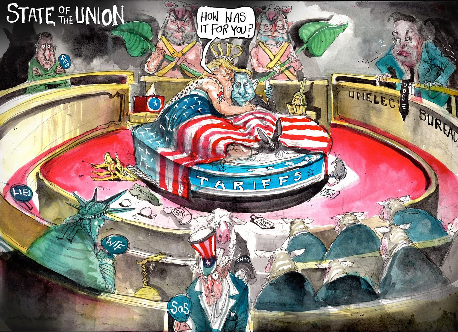 May be an illustration of text that says 'STATE OF THE UNION HoW WAS ITFORYOU? IT FOR YOU? LIES UNELECTE E BUREAL " ัมนรี่ C. TARIFES R TARIF T RIFFS PEDI WTF SoS'