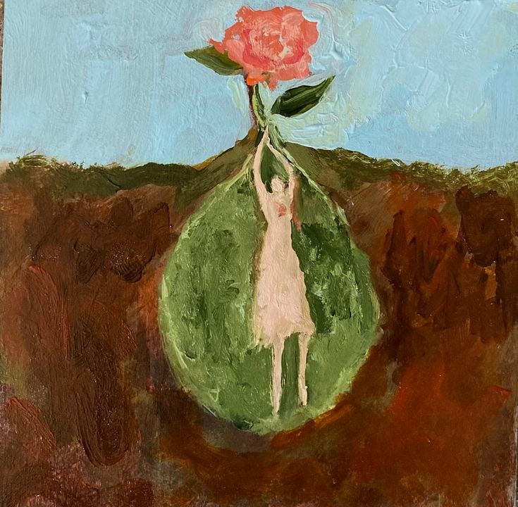 This may contain: a painting of a woman holding a flower on top of a green ball with a sky background