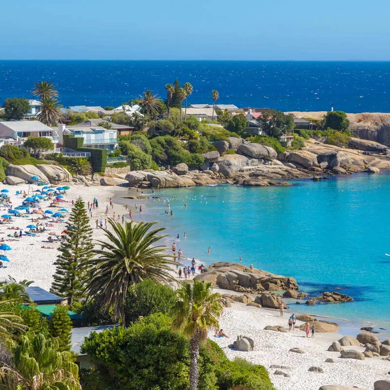 Camps Bay Beach Near Cape Town, South Africa, Bounded By The Bright Blue South Atlantic Sea In The Continent Of Africa