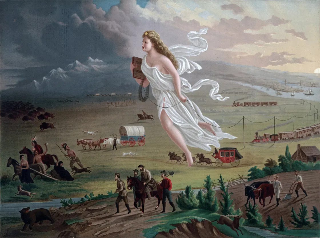 Print shows an allegorical female figure of America leading pioneers westward, as they travel on foot, in a stagecoach, conestoga wagon, and by railroads, where they encounter Native Americans and herds of bison. Print shows an allegorical female figure of America leading pioneers westward, as they travel on foot, in a stagecoach, conestoga wagon, and by railroads, where they encounter Native Americans and herds of bison.
