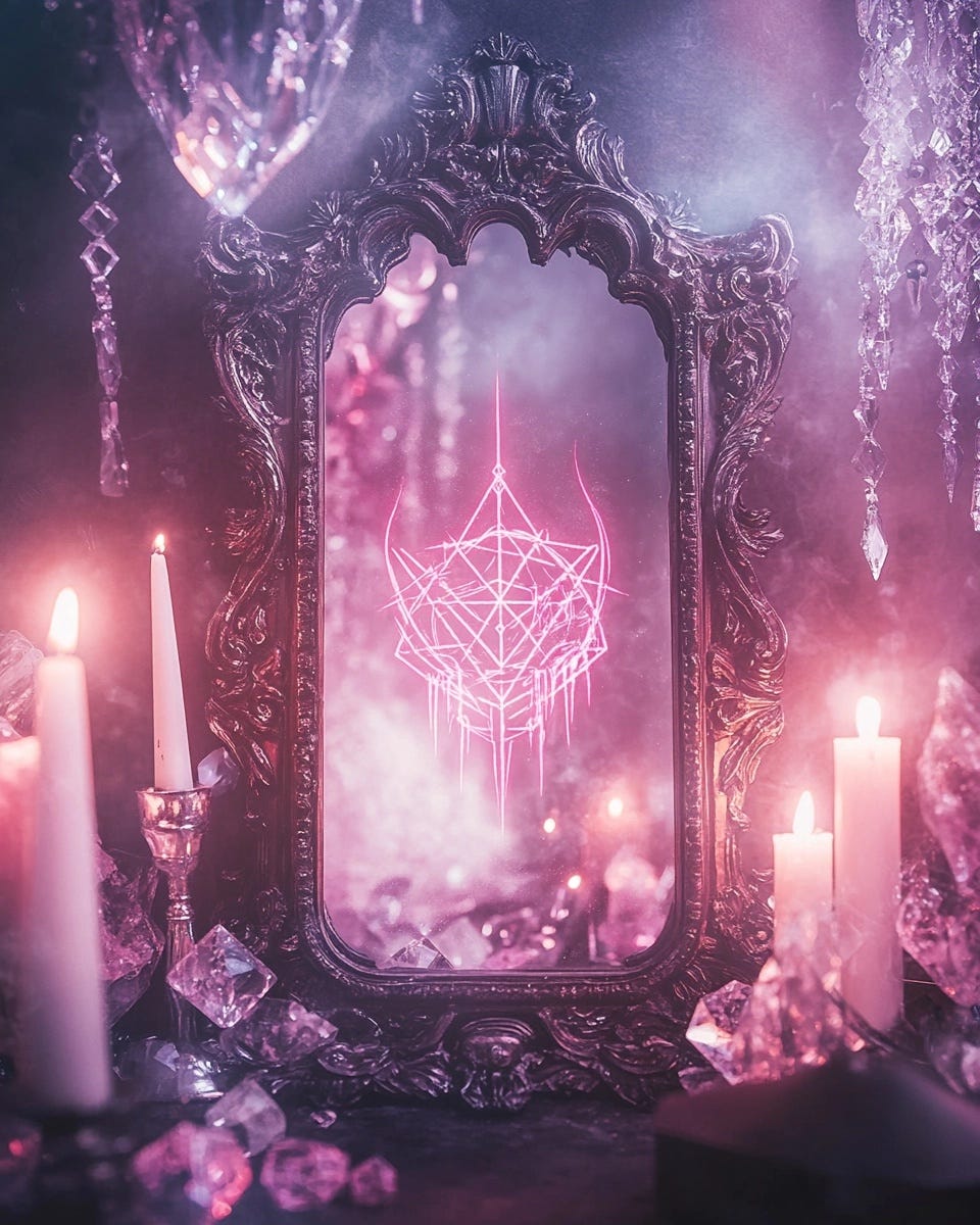 Magical mirror setup with protection sigils and crystals for witch's morning ritual