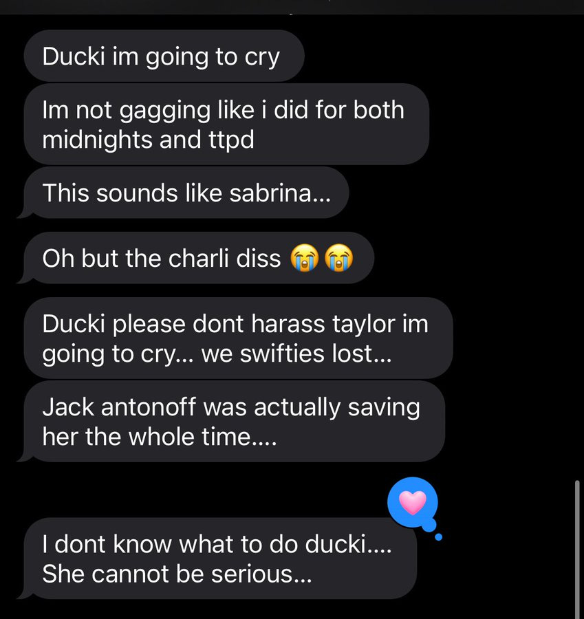 A screenshot of a text message conversation on a dark background. The messages discuss Taylor Swift, Sabrina Carpenter, and Jack Antonoff, with emoji reactions including crying faces and hearts.