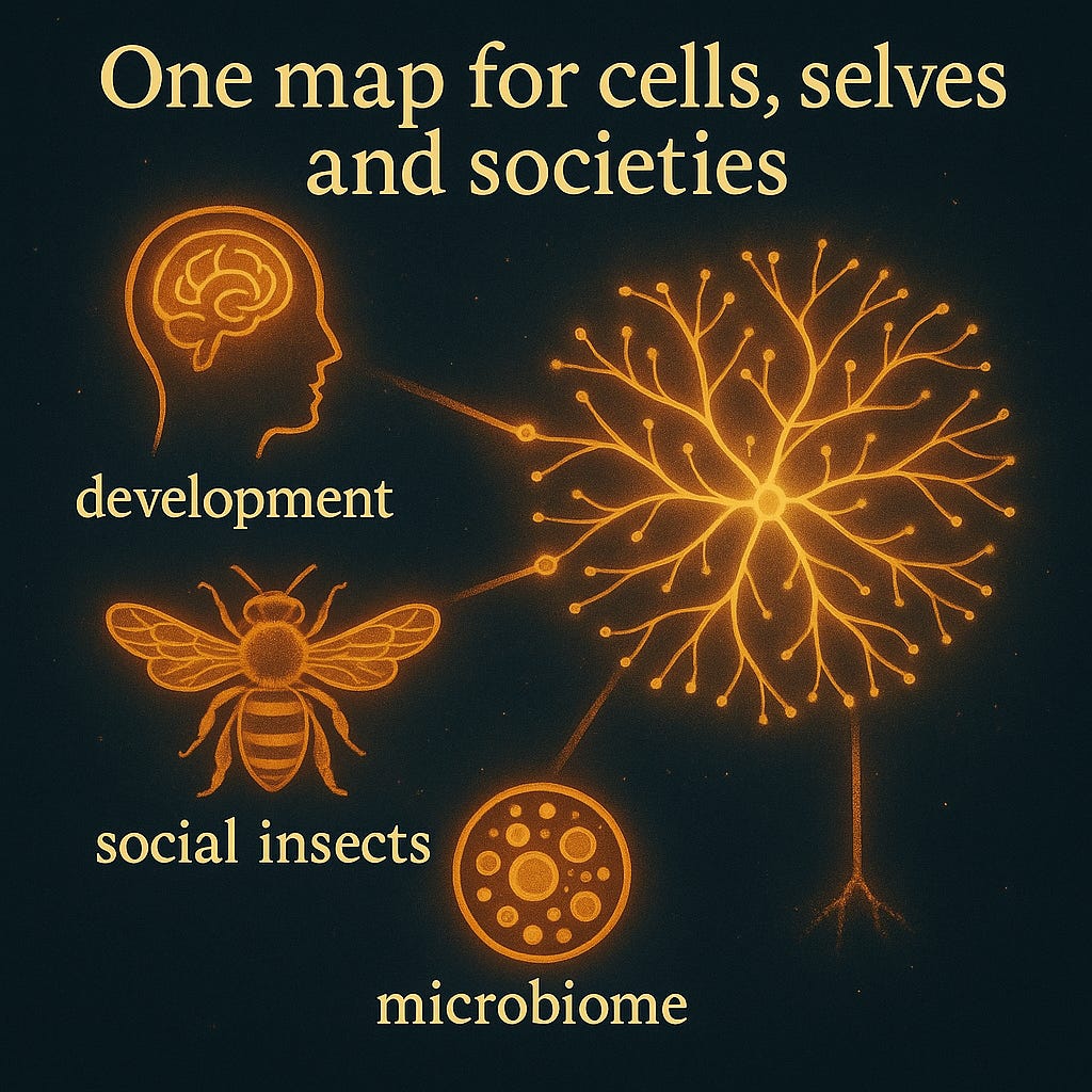 Digital illustration titled “One map for cells, selves and societies”. On a dark teal background, glowing golden line-art shows three domains: a human head/brain (labelled “development”), a bee (labelled “social insects”), and a round microbe (labelled “microbiome”). All three are connected by bright filaments to a single branching, tree-like central structure, suggesting one underlying pattern.