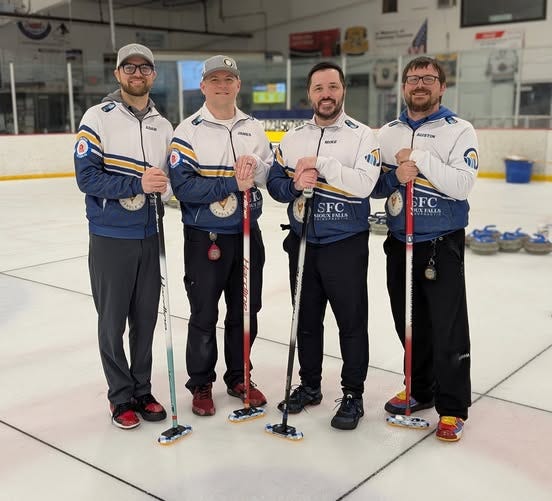 May be an image of 4 people, people skating, people playing hockey and text