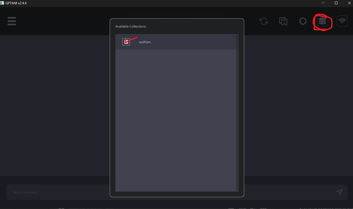 Screenshot of gpt4all. Circled collections logo in top right. checked box for document collection in center.
