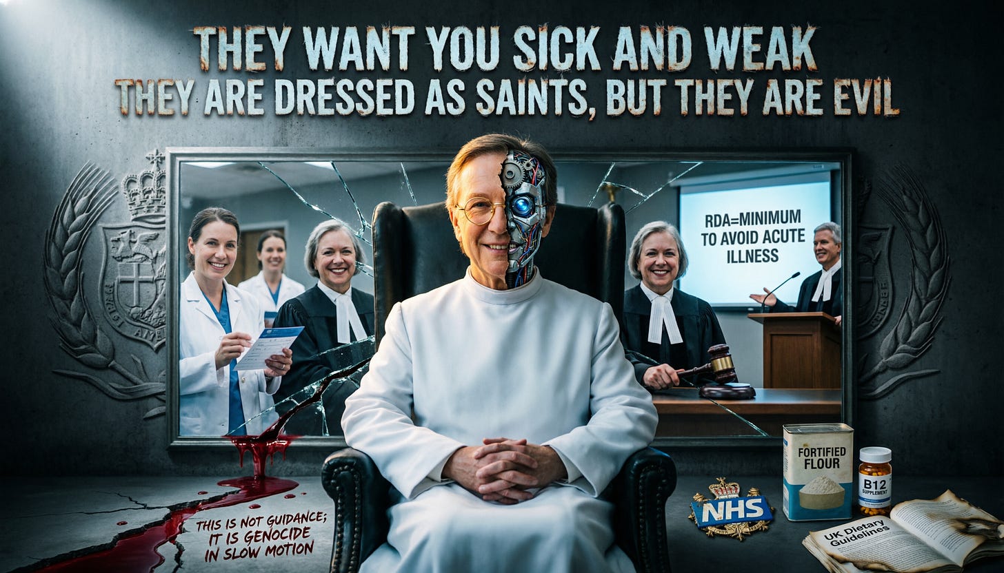 Illustration of a public health official in medical vestments, representing a critique of NHS dietary guidelines, RDA vitamin deficiencies, and institutional control.