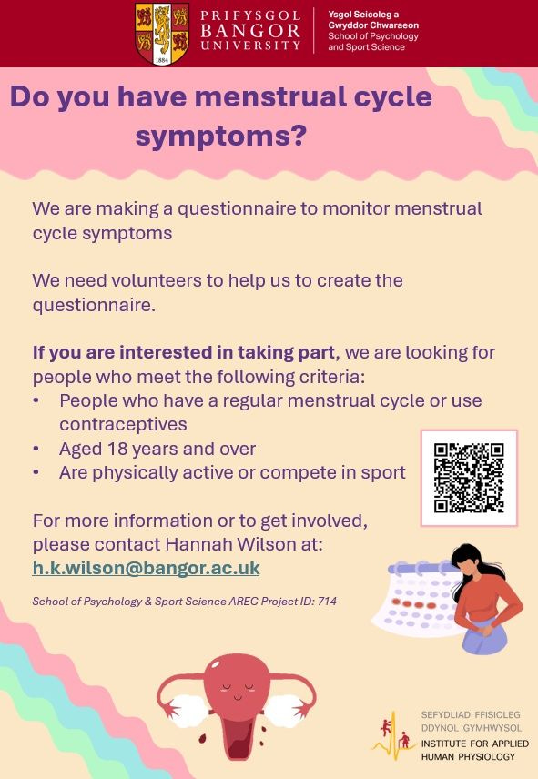 Poster for University of Bangor research into how physical activity impacts menstrual cycle symptoms