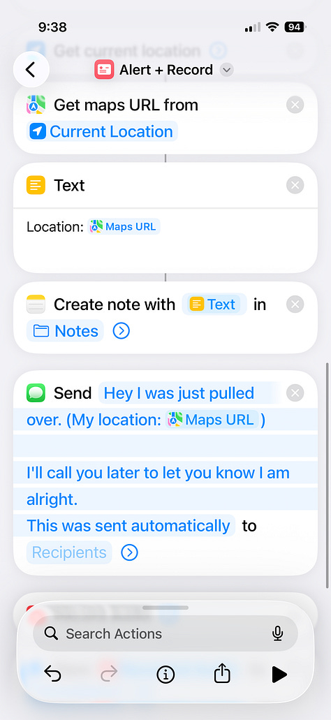 iPhone Shortcuts automation gallery showing each step of an emergency workflow: sending a text with location, enabling Emergency Only focus, starting audio recording, saving the file to iCloud Drive, and appending it to a note.
