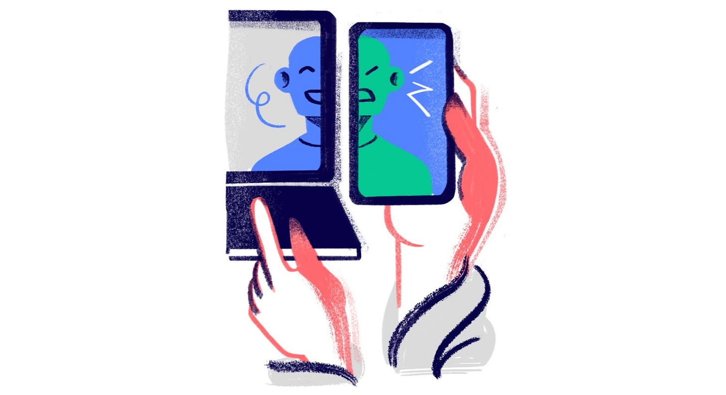 two screens, one with an angry face and one with a happy face