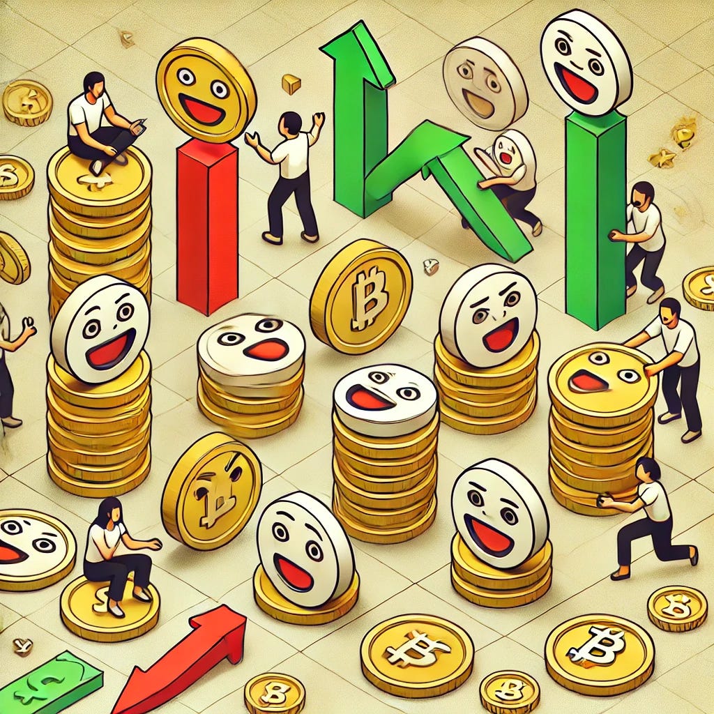 Isometric, minimalist fine art illustration representing meme coin trading. Depict stylized coins with humorous, exaggerated faces or symbols, surrounded by upward and downward arrows to symbolize volatility. Include minimalist figures interacting with the coins, such as tossing or holding them. Use clean lines, geometric shapes, and a limited color palette focusing on gold, green, and red accents. The scene should feel dynamic, playful, and visually striking, balancing humor with an abstract representation of trading activity.