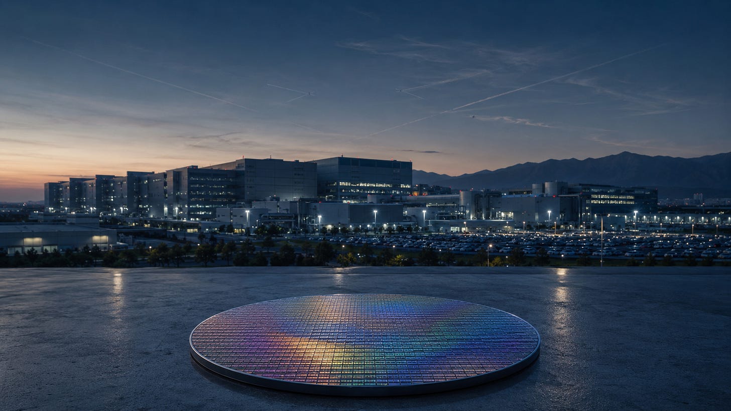 Exterior of a TSMC semiconductor fabrication facility in Taiwan at dawn, with industrial buildings and parking lots in the middle ground, distant Taiwanese mountains in the background, and a single iridescent silicon wafer in the immediate foreground catching the dawn light.