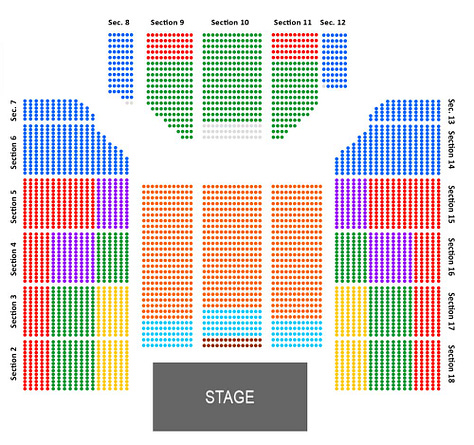 Seating chart from left to right: full spectrum color-coded, color coded without red (Protanopia), greyscale (Achromatopsia)