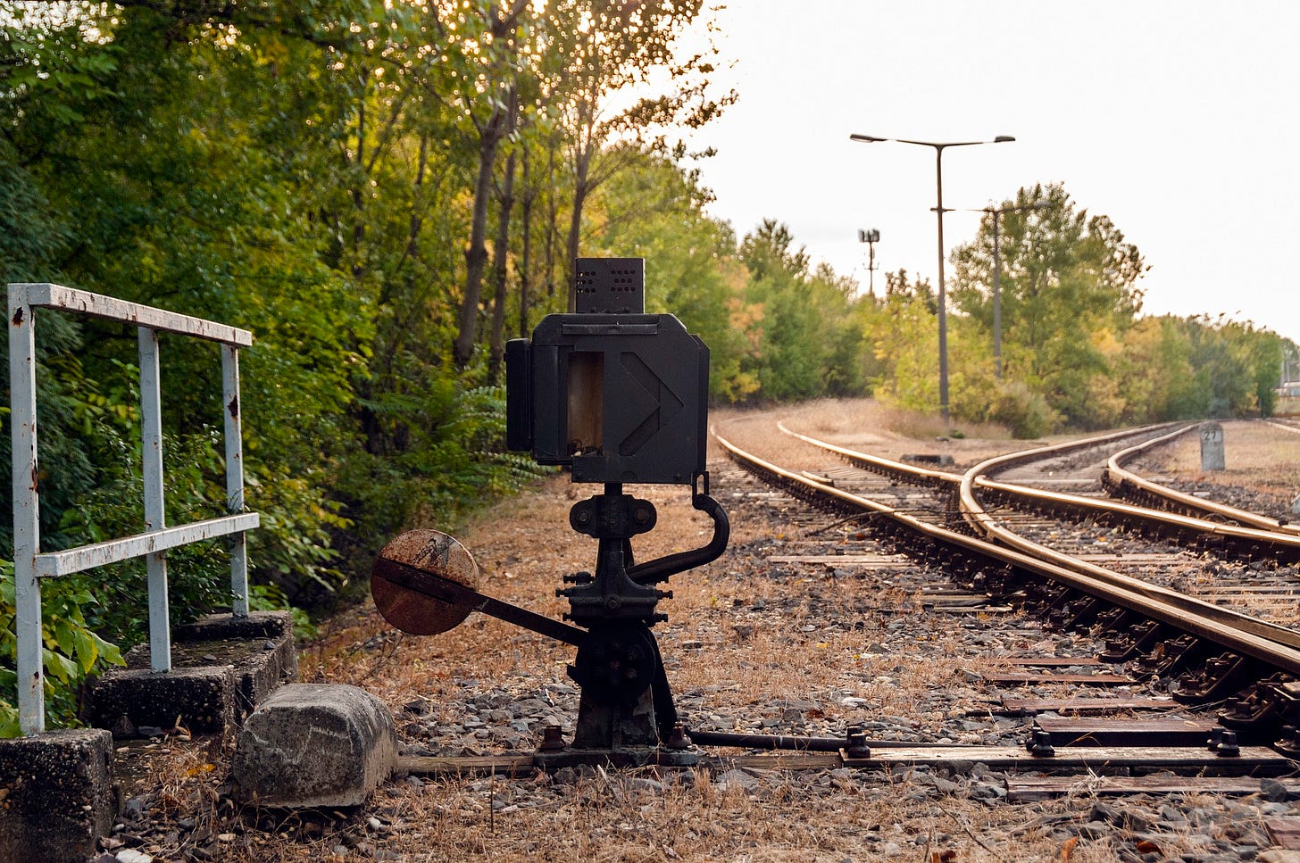 Photo of a railroad switch next to diverging train tracks