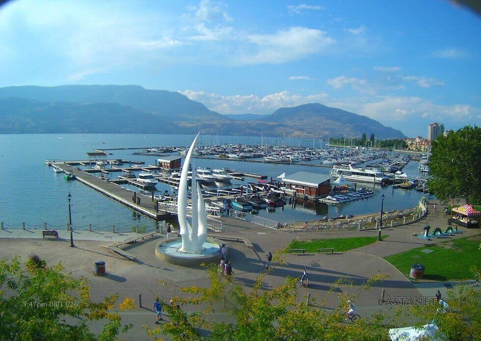 Live view of wildfire smoke across Okanagan Lake from the downtown sails