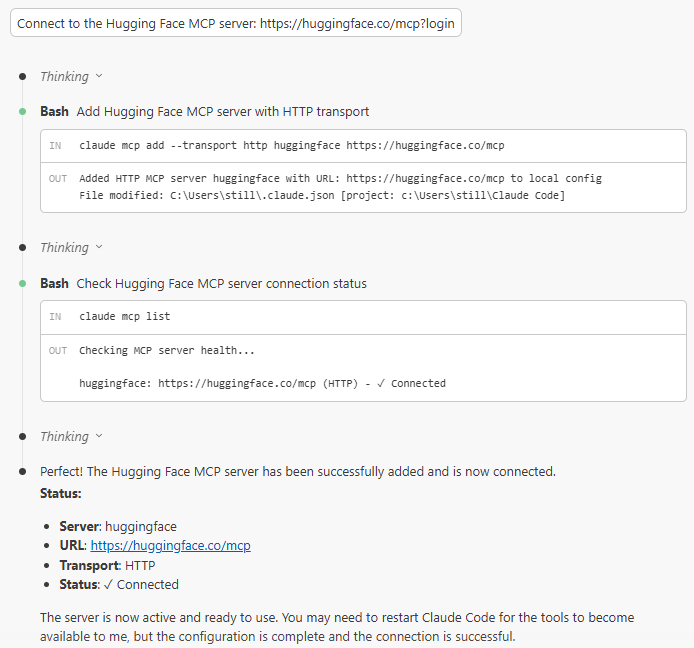 Claude Code chat showing Hugging Face MCP server added and connected via HTTP, with bash commands and status confirming successful MCP integration