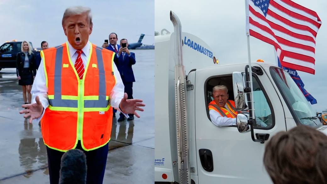 Donald Trump climbs into garbage truck in stunt to call out Biden, Harris -  National | Globalnews.ca